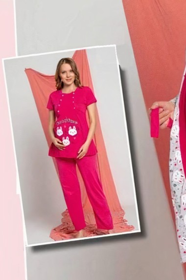 Set pijama gravida bumbac 3 piese deschidere nasturi pentru alaptat rosu