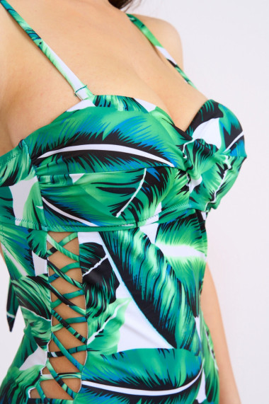 Costum de baie dama intreg tropical bretele reglabile cu snur verde/alb