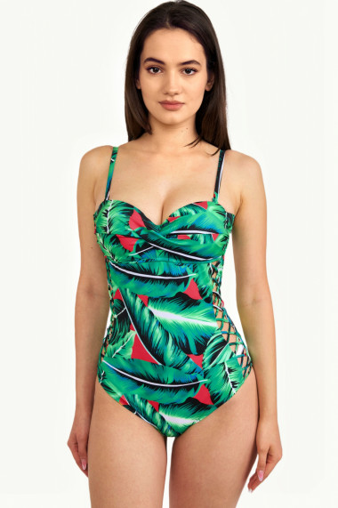 Costum de baie dama intreg tropical bretele reglabile cu snur verde/rosu