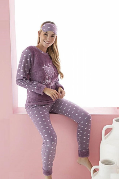 Pijama dama cocolino pufoasa si calduroasa imprimeu inimioara Love Sweet mov