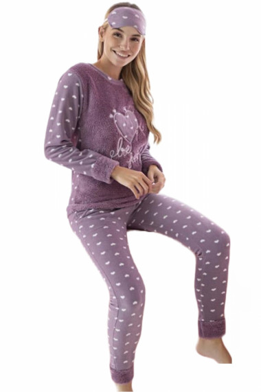 Pijama dama cocolino pufoasa si calduroasa imprimeu inimioara Love Sweet mov