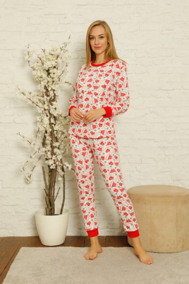 Pijama dama bumbac motiv Craciun confortabila rosu/alb