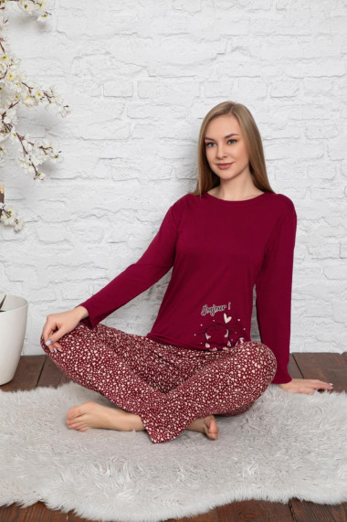 Pijama dama bumbac imprimeu pisicuta Bonjour visiniu