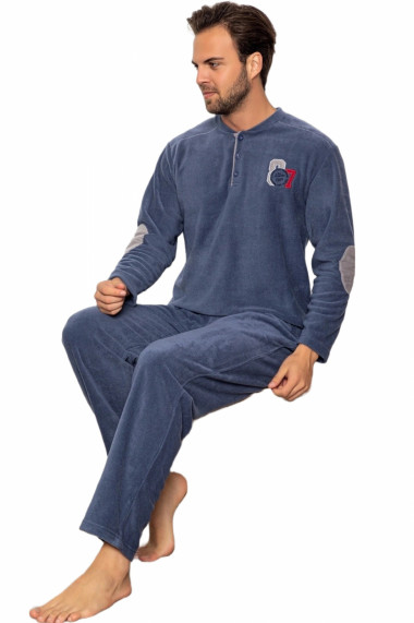 Pijama barbat material soft polar moale si calduros buzunare laterale albastru