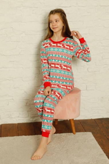 Pijama fete bumbac motiv Craciun confortabila rosu verde
