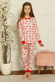Pijama fete bumbac motiv Craciun maneci si pantaloni lungi rosu/alb