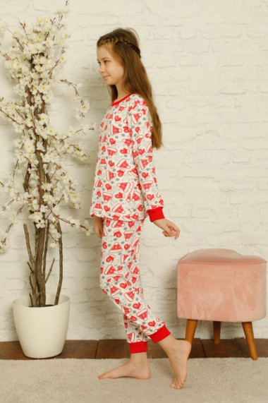 Pijama fete bumbac motiv Craciun maneci si pantaloni lungi rosu/alb
