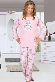 Pijama fete cocolino pufoasa si calduroasa imprimeu Pisicuta roz