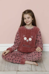 Pijama fete cocolino pufoasa si calduroasa imprimeu Pisicuta back sleep roz