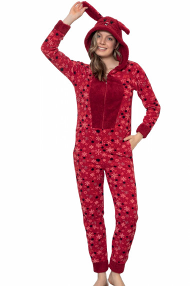 Pijama dama intreaga tip salopeta kigurumi pufoasa inchidere fermoar fata-spate si gluga fulgi de nea rosu