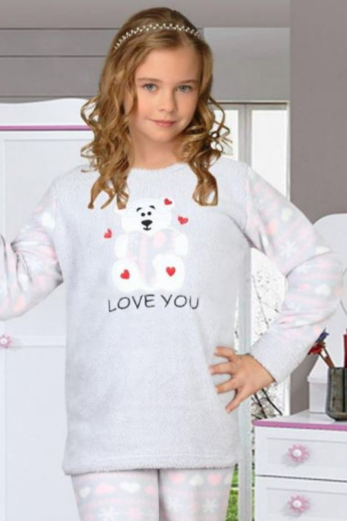 Pijama fete cocolino pufoasa si calduroasa imprimeu ursulet love you gri