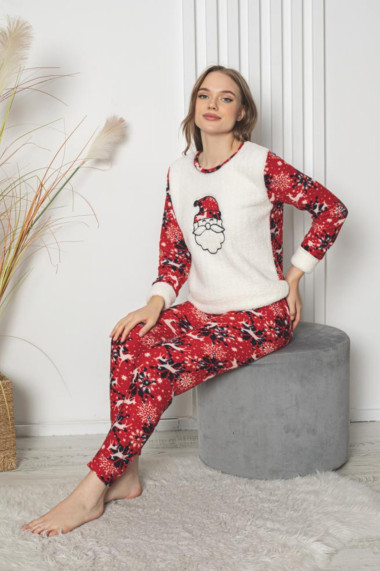 Pijama dama cocolino pufoasa si calduroasa imprimeu Craciun rosu