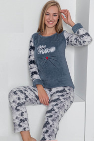 Pijama dama cocolino pufoasa si calduroasa imprimeu Meow gri