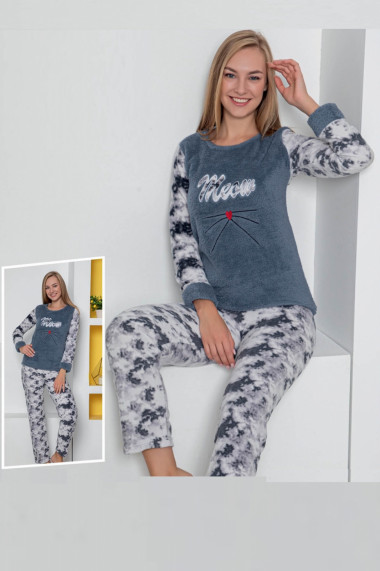 Pijama dama cocolino pufoasa si calduroasa imprimeu Meow gri