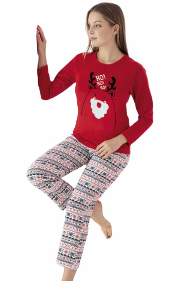 Pijama dama bumbac vatuit confortabila cu imprimeu Craciun Ho-Ho rosu