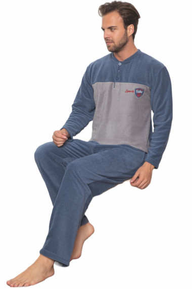 Pijama barbat soft polar moale si calduros cu maneci si pantaloni lungi cu buzunare albastru