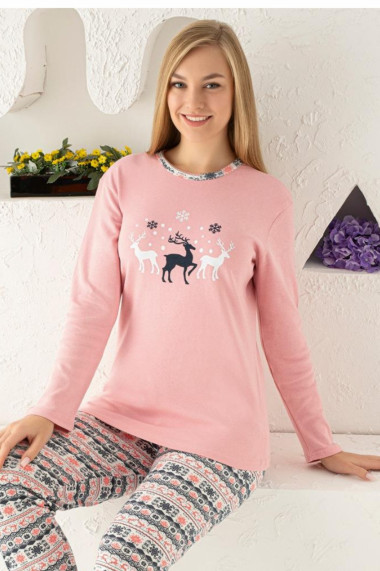 Pijama dama bumbac confortabila cu imprimeu Craciun Reni corai