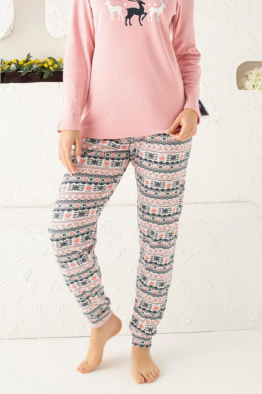 Pijama dama bumbac confortabila cu imprimeu Craciun Reni corai