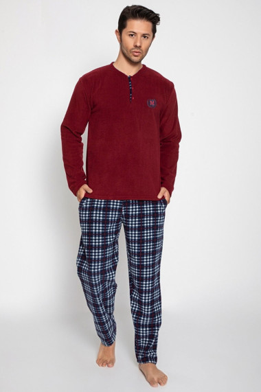 Pijama barbat material soft polar moale si calduros cu buzunare laterale albastru/visiniu