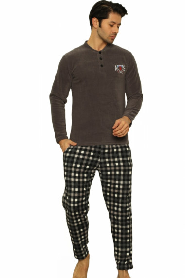 Pijama barbat material soft polar moale si calduros maneci lungi pantaloni cu buzunare carouri gri