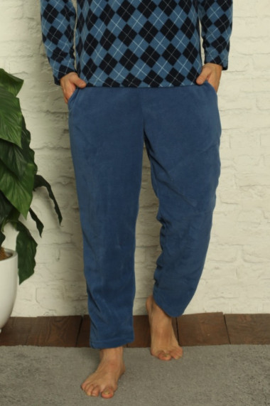 Pijama barbat material soft polar moale si calduros bluza in carouri pantaloni cu buzunare laterale albastru