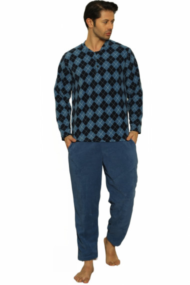 Pijama barbat material soft polar moale si calduros bluza in carouri pantaloni cu buzunare laterale albastru