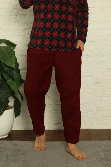 Pijama barbat material soft polar moale si calduros bluza in carouri pantaloni cu buzunare laterale visiniu