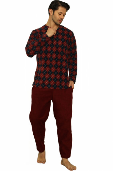 Pijama barbat material soft polar moale si calduros bluza in carouri pantaloni cu buzunare laterale visiniu