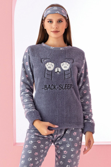 Pijama dama cocolino pufoasa si calduroasa imprimeu pisicuta back sleep gri