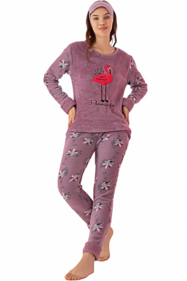 Pijama dama cocolino pufoasa si calduroasa imprimeu Flamingo mov