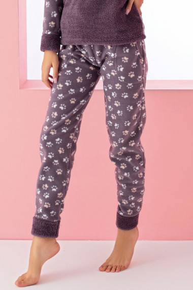 Pijama dama cocolino pufoasa si calduroasa imprimeu pisicuta back sleep maro