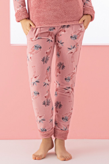 Pijama dama cocolino pufoasa si calduroasa imprimeu Flamingo corai