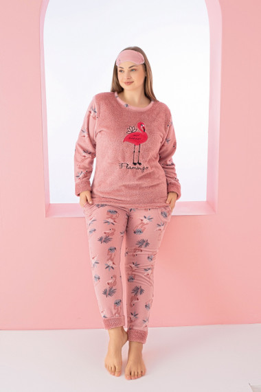 Pijama dama cocolino pufoasa si calduroasa imprimeu Flamingo corai