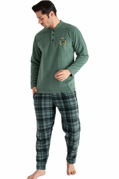 Pijama barbat material soft polar moale si calduros maneci si pantaloni lungi cu buzunare verde