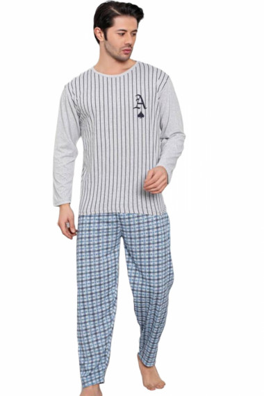 Pijama bumbac barbat cu maneci si pantaloni lungi imprimeu A gri
