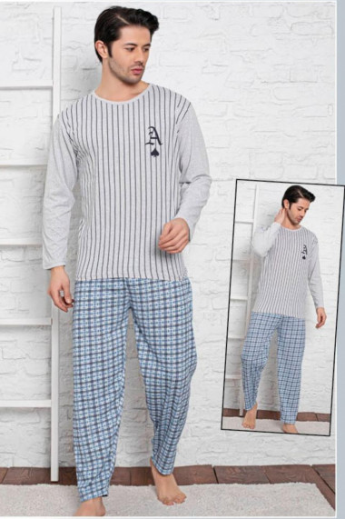 Pijama bumbac barbat cu maneci si pantaloni lungi imprimeu A gri