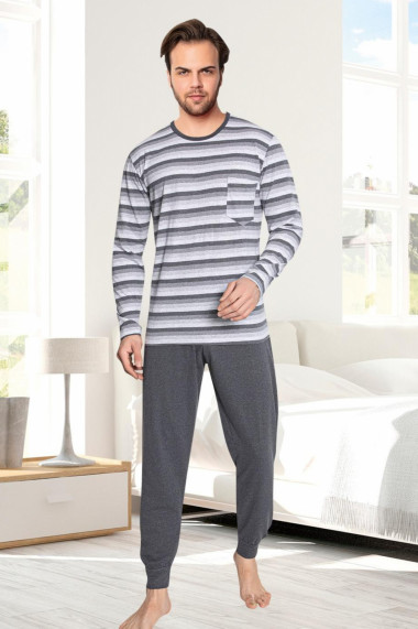 Pijama bumbac barbat cu maneci si pantaloni lungi imprimeu cu dungi gri