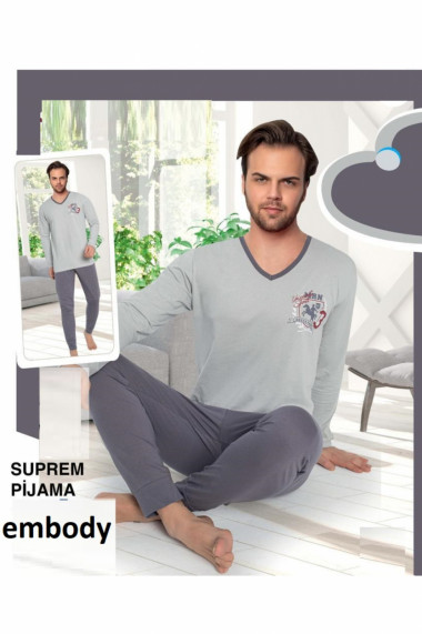 Pijama bumbac barbat cu maneci si pantaloni lungi imprimeu mrn gri