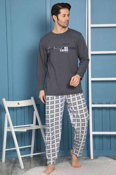 Pijama bumbac barbat cu maneci si pantaloni lungi imprimeu nothink gri inchis