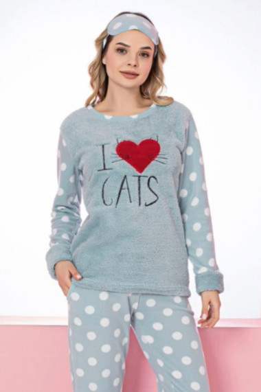 Pijama dama cocolino pufoasa si calduroasa imprimeu love cats vernil