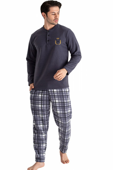 Pijama barbat cocolino material soft polar moale si calduros maneci si pantaloni in carouri lungi gri