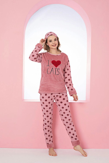 Pijama dama cocolino pufoasa si calduroasa imprimeu love cats corai