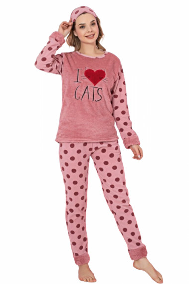 Pijama dama cocolino pufoasa si calduroasa imprimeu love cats corai