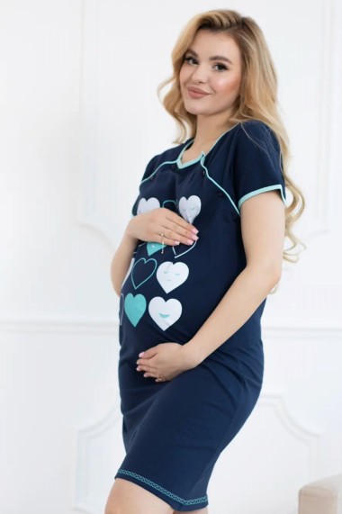 Camasa de noapte gravida deschidere nasturi pentru alaptat bumbac imprimeu inimioare albastru