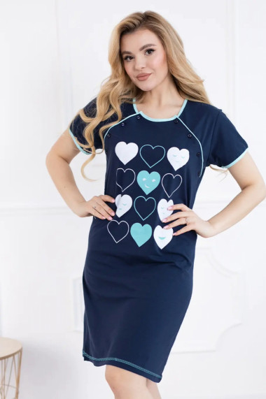 Camasa de noapte gravida deschidere nasturi pentru alaptat bumbac imprimeu inimioare albastru