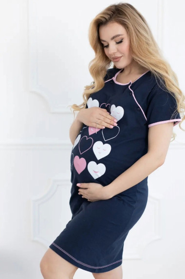 Camasa de noapte gravida deschidere nasturi pentru alaptat bumbac imprimeu inimioare roz
