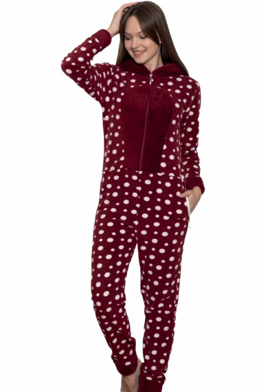 Pijama dama intreaga tip salopeta kigurumi pufoasa inchidere fermoar fata-spate si gluga visiniu