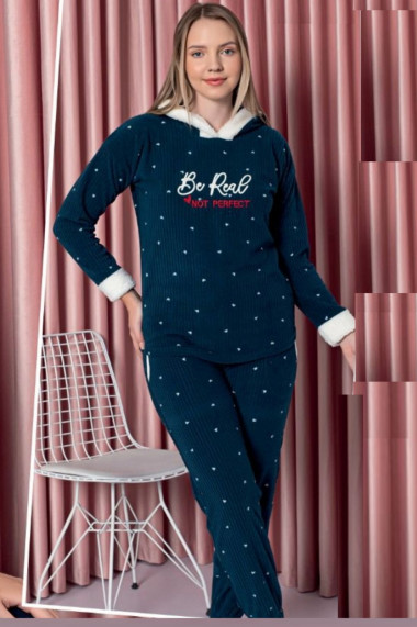 Pijama dama cocolino pufoasa si calduroasa imprimeu Be Real bleumarin