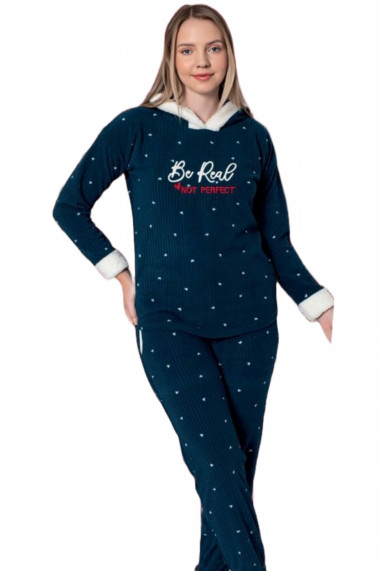 Pijama dama cocolino pufoasa si calduroasa imprimeu Be Real bleumarin