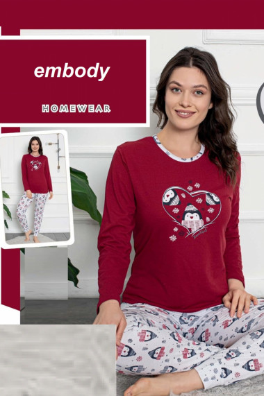 Pijama dama bumbac imprimeu Craciun pinguini rosu
